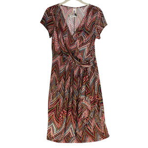 Purple Rain Faux Wrap Dress Womens Small Ruched Slinky Knee Length Short Sleeve